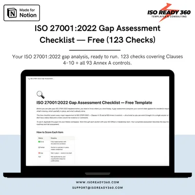 ISO 27001:2022 Gap Assessment Checklist — 123 checks across all clauses and Annex A controls